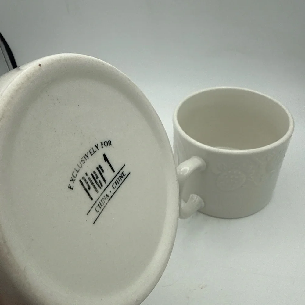 Pair Of Pier 1 Coffee Mugs White raised Fruit grape pears strawberries design